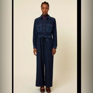FRNCH Dark Blue Denim Utility Jumpsuit with Tie Waist